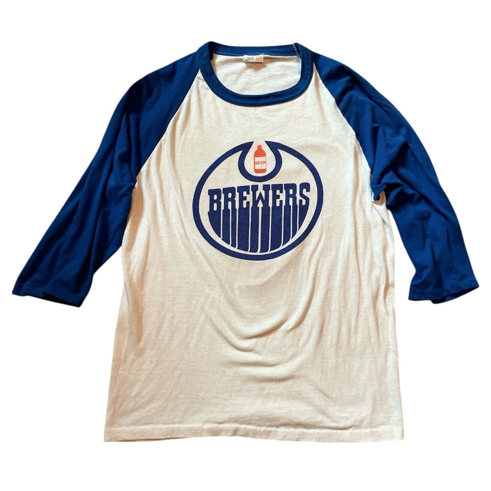 80s Blue and White beer Brewers Edmonton oilers logo style Raglan T-Shirt